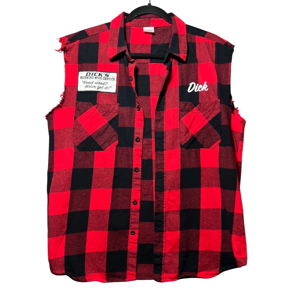 Halloween Costume Dicks Morning Wood Service Sleeveless Flannel Shirt Red M